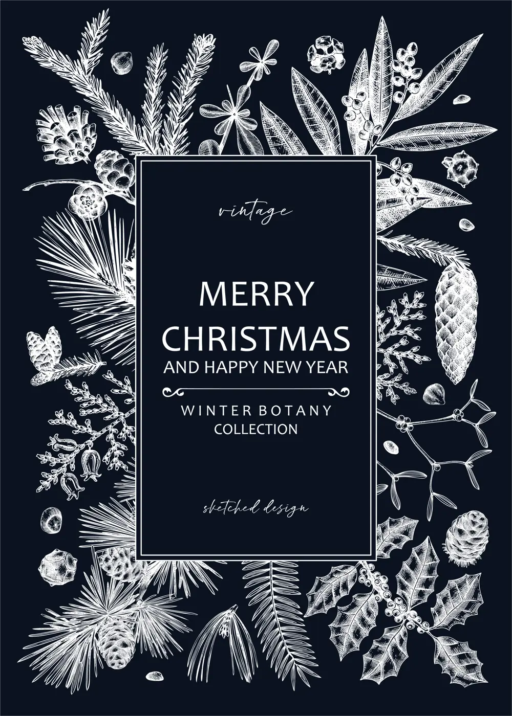 Merry Christmas card  on chalkboard with evergreen plants, conifers, and nuts drawing. Winter design with hand-drawn botanical illustrations. Vintage Christmas background, New Year invitation template Illustration